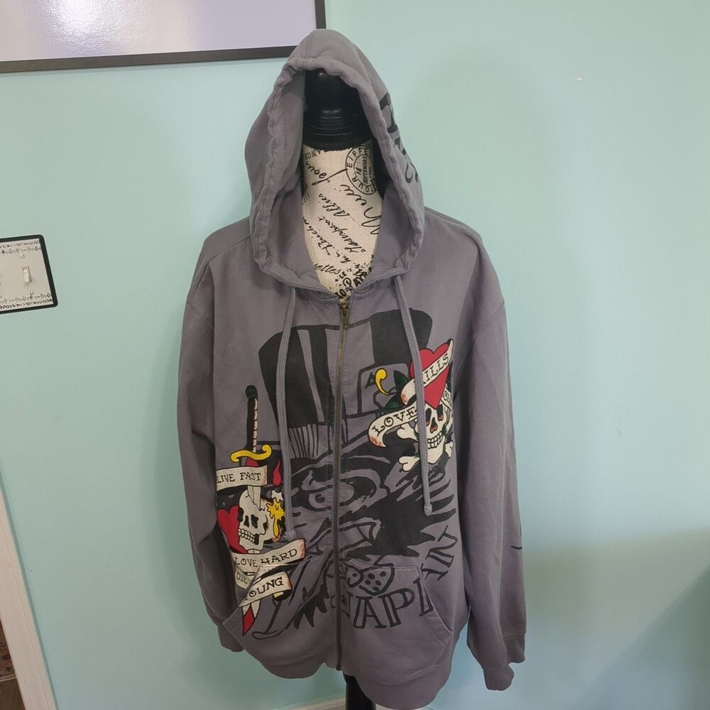 Ed Hardy Love Kills Zip Up Hoodie - Gray, Men’s extra large skull